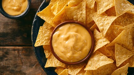 Poster - Crispy corn chips surround a bowl of smooth cheese sauce, ready to enjoy as a tasty Mexican snack on a rustic table. Generative AI