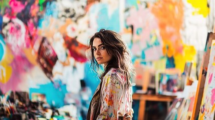 A young woman in her late twenties poses confidently in a vibrant, artistic studio filled with colorful paint splashes and creative materials.