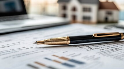 Poster - Detailed view of a real estate contract with a pen and financial paperwork on a desk showing the agreement's terms and a laptop with property listings open