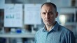 © Real People - A middle-aged Russian male scientist stands in a laboratory, presenting a serious demeanor. His environment features scientific equipment and research data, showcasing dedication to his field.