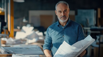 A middle-aged male architect stands in his office, holding blueprints and contemplating design plans. The modern workspace reflects creativity and professionalism.