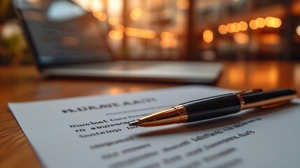 Poster - Detailed view of a signed lease agreement with a focus on financial terms and a landlord's signature with documents and a laptop showing rental listings on the desk