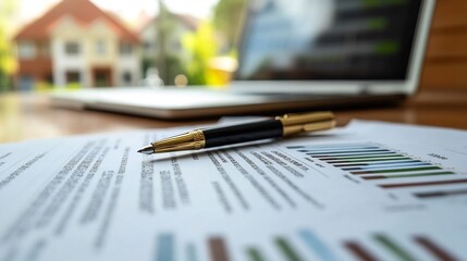 Poster - Detailed view of a real estate contract with a pen and financial paperwork on a desk showing the agreement's terms and a laptop with property listings open