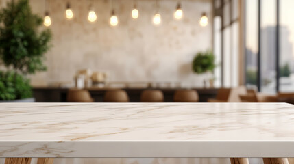 Poster - Empty marble tabletop in blurred restaurant interior