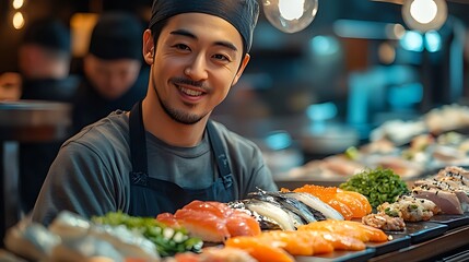 A smiling sushi chef stands behind a counter with a variety of fresh sushi.