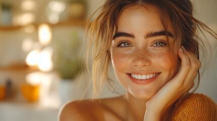 Poster - Female in a fresh airy room applying deodorant and smiling focusing on hygiene and lifestyle