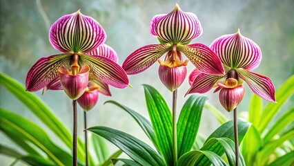 Wall Mural - A mature Paphiopedilum orchid plant with large leaves and tall, slender stems supporting vibrant pink flowers, botany, orchid, nature