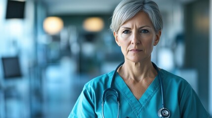 A confident middle-aged female doctor in scrubs stands in a hospital setting, displaying professionalism and dedication to patient care within a dynamic healthcare environment.