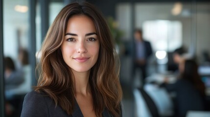 A confident young European woman stands in a modern office, showcasing professionalism and approachability. Her warm smile and relaxed demeanor enhance the positive work atmosphere.