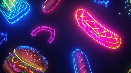 Aufkleber - Bright neon outlines of iconic fast-food items including burgers, hot dogs, and fries illuminate a dark backdrop, creating an eye-catching design. Generative AI