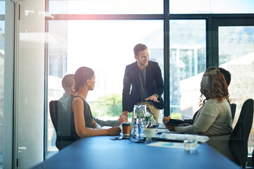 Poster - Meeting, presentation and man in office with leadership, discussion and proposal for team growth. Ideas, development and business people in conference room with advice, strategy or project management