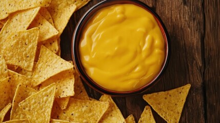 Poster - Crispy corn chips surround a bowl of smooth cheese sauce, ideal for enjoying during a casual gathering or snack time. Generative AI