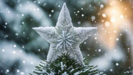 A white star topper on a Christmas tree covered in snow with a blurred background of falling snow and bokeh lights.