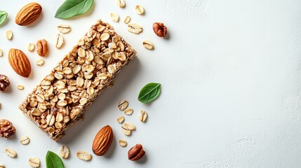 A granola bar with nuts and oats on a white background.