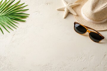 Summer Background with Sunglasses and Hat on Soft Beige Sand