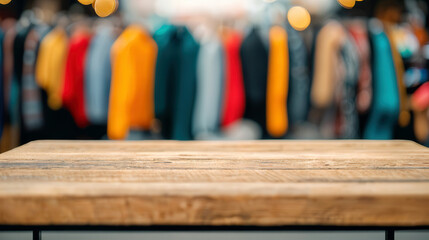 Aufkleber - Empty wooden table top on blurred fashion store background