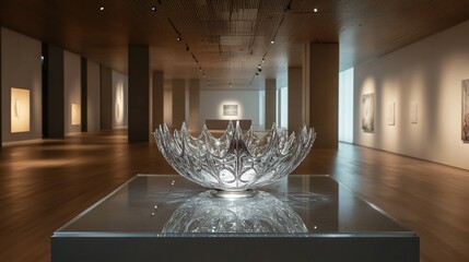 Poster - A large glass sculpture sits on a pedestal in a contemporary art gallery with hardwood floors and white walls.