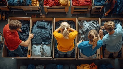 Poster - Group of volunteers sorting clothing for donation showcasing care and efficient arrangement