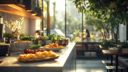 Poster - Healthconscious brunch scene featuring caloriecontrolled foods and a clean modern backdrop and people