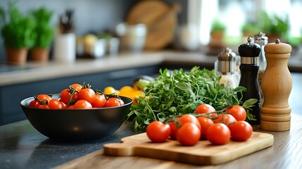 Poster - Healthfocused meal setup with a variety of vegetables displayed in a clean modern kitchen