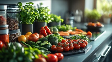 Poster - Healthfocused meal setup with a variety of vegetables displayed in a clean modern kitchen