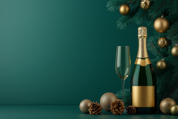 champagne bottle and glass with christmas decorations