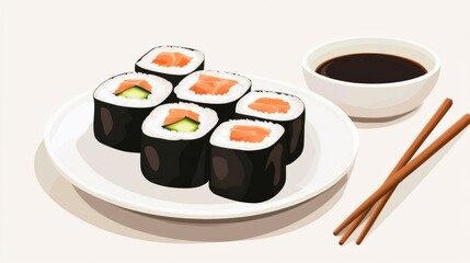 Poster - Tasty Japanese sushi rolls filled with cucumber and salmon, presented with soy sauce and chopsticks on a pastel background. Generative AI