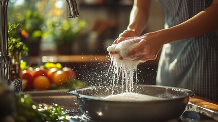 Poster - Helper in an apron scrubbing a dirty pot in the kitchen sink showcasing hygiene and home maintenance