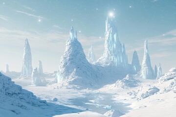 Frozen white planet with towering ice spires, deep crevices, and glacial rivers, under a pale blue sky with faint distant stars, cold, alien landscape, winter, serene, otherworldly.