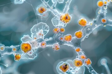 Poster - Fungal Hyphae and Spores: A high-resolution shot showing fungal hyphae intertwined with spore clusters, emphasizing the relationship between vegetative and reproductive structures.