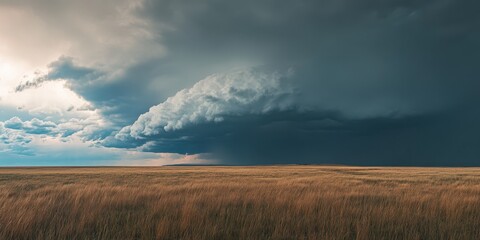 Dramatic clouds loom over a vast golden prairie under a moody sky.