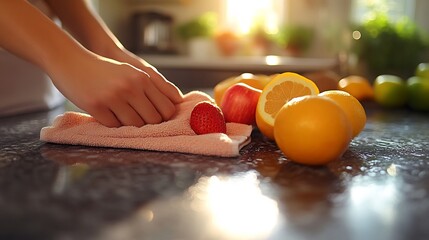 Poster - Homemaker wiping down kitchen counters with a cloth emphasizing cleanliness and home maintenance