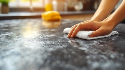 Poster - Homemaker wiping down kitchen counters with a cloth emphasizing cleanliness and home maintenance