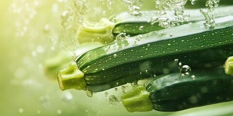 Fresh zucchini splashing in water, vibrant green colors, healthy eating concept.