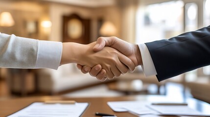 Poster - Landlord and tenant shaking hands with a rental contract prominently displayed on a table set in a welldecorated apartment with financial documents and a pen nearby
