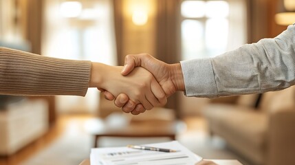 Poster - Landlord and tenant shaking hands with a rental contract prominently displayed on a table set in a welldecorated apartment with financial documents and a pen nearby