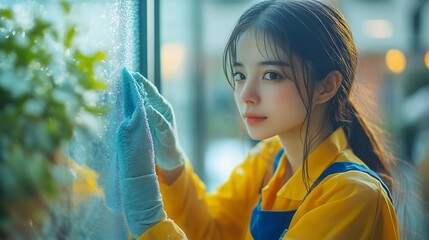 Poster - Maid cleaning a dirty window with a cloth focusing on cleanliness and thorough care