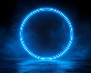 Poster - Neon Blue Glowing Circle Light in Dramatic Dark Background Offering Futuristic Focal Point