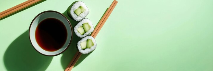 Fresh sushi rolls filled with cucumber are paired with a bowl of soy sauce and chopsticks on a vibrant green background. Generative AI