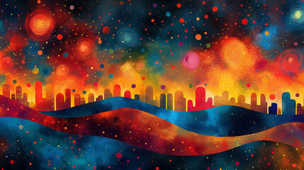 Wall Mural - A vibrant graphic background illustration with geometric shapes and moody, light and moving textures, conveying hope and strength, the power of optimism.