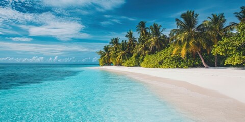 Wall Mural - tropical beach with white sand, clear water, and lush palm trees under a bright sky.