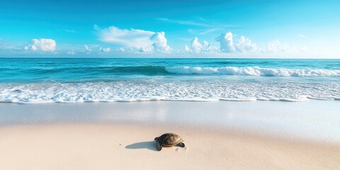 Turtle on a sandy beach with ocean waves and blue sky, serene coastal scenery.