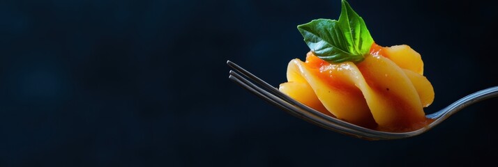 Poster - A metal fork holds elegant pasta topped with rich tomato sauce and fresh basil, inviting a taste of traditional Italian cuisine. Generative AI