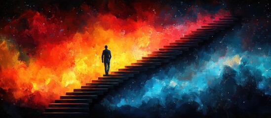 Wall Mural - a lone figure ascends a stairway leading upwards towards a celestial expanse of fiery orange and coo