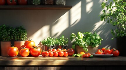 Poster - Minimalist kitchen scene showing a dietfriendly lunch with fresh organic ingredients