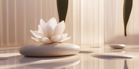 Beautiful white lotus flower on a smooth stone, peaceful serene ambiance.