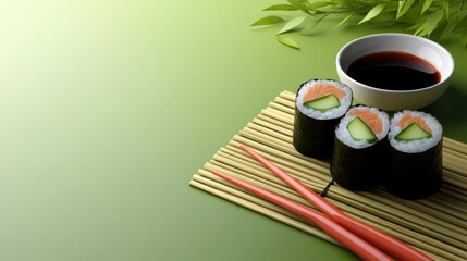 Poster - This composition features delectable sushi rolls with cucumber, accompanied by a bowl of soy sauce and chopsticks on a bright green surface. Generative AI