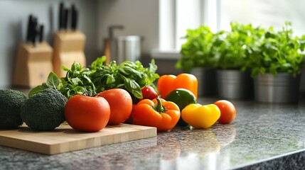 Fototapete - Minimalist kitchen with a balanced meal of fresh organic vegetables and grains emphasizing health