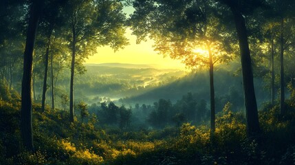  A serene sunrise filters through lush green trees in a tranquil forest, casting a golden glow over the misty landscape below.
