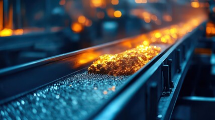 Oil shale being processed, close-up of conveyor belt carrying material, intense focus on mechanical motion, fuel processing, energy extraction